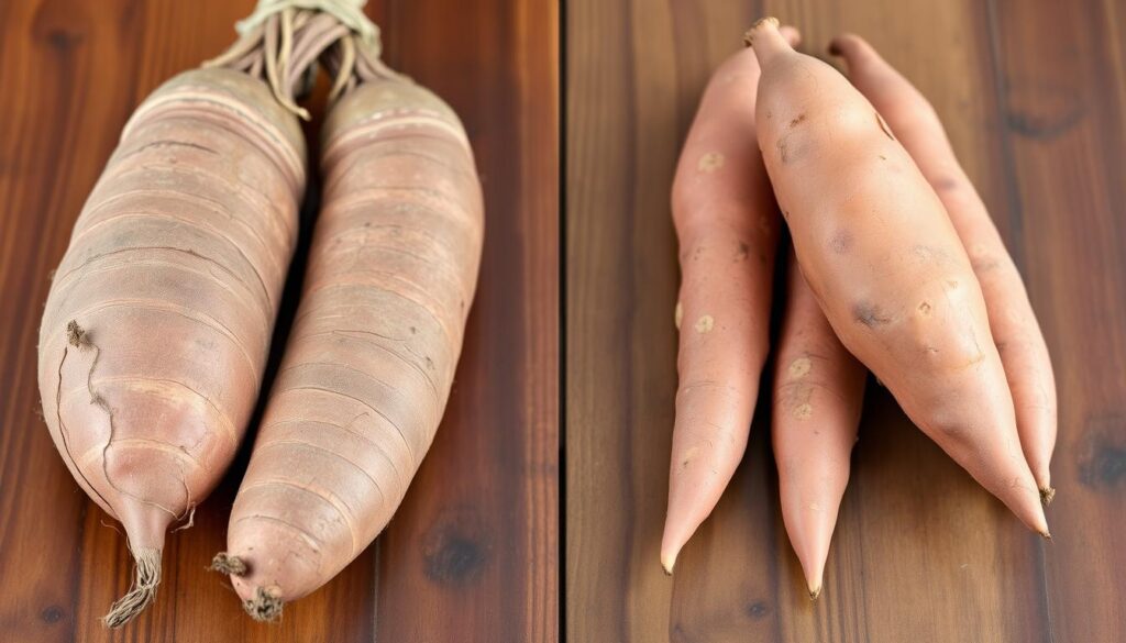 physical appearance of yams and sweet potatoes