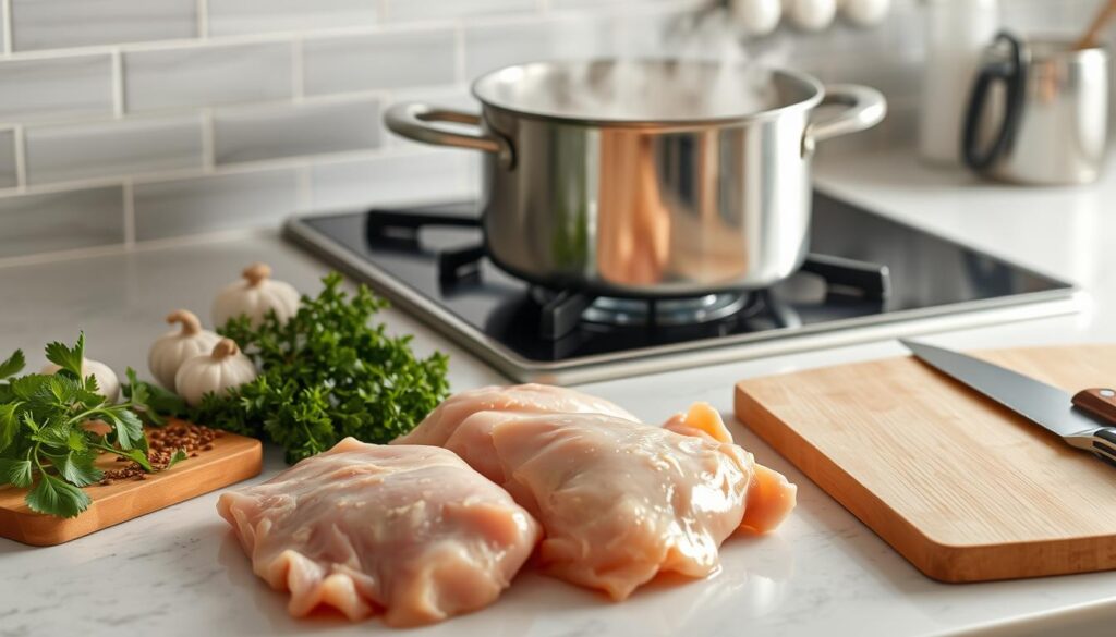 preparing chicken for boiling